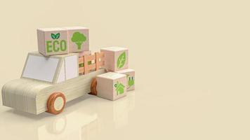 de houten vrachtwagen en eco-symbool op kubus voor technologie of ecologisch concept 3D-rendering foto