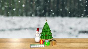 de rekenmachine en kerstboom op houten tafel voor vakantie of bedrijfsconcept 3D-rendering foto