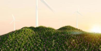 windturbine met bloemenvelden bij zonsondergang, groene energie en groen stroomconcept foto