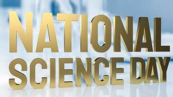 de gouden tekst van de nationale wetenschapsdag op laboratoriumachtergrond voor het 3d teruggeven van het sci-concept foto