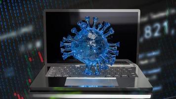 virus en grafiek op notebook voor zaken in 3D-rendering van uitbraakconcept foto