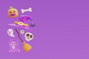 happy halloween met heksenhoed, botten, schedel, graf, pompoen en bezem drijvend op paarse achtergrond, 3D-rendering. foto