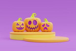 happy halloween met podiumvertoning en jack-o-lantern pompoenen op paarse achtergrond, traditionele oktobervakantie, 3D-rendering. foto