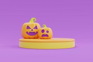 happy halloween met podiumvertoning en jack-o-lantern pompoenen op paarse achtergrond, traditionele oktobervakantie, 3D-rendering. foto