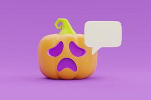 happy halloween met jack-o-lantern pompoen karakter op paarse achtergrond, traditionele oktober vakantie, 3D-rendering. foto