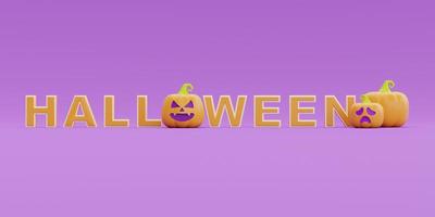happy halloween met jack-o-lantern pompoenen karakter op paarse achtergrond, traditionele oktober vakantie, 3D-rendering. foto