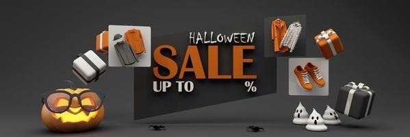 halloween-verkooppromotieposter met halloween-pompoen en modewinkelkleding en geschenkdoos met productpodiumscène. website griezelig, achtergrond voor banner halloween. breedbeeld -3d render foto