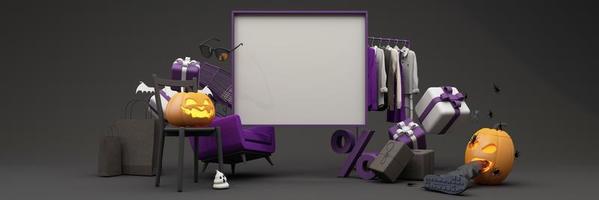 halloween-verkooppromotieposter met halloween-pompoen en modewinkelkleding en geschenkdoos met productpodiumscène. website griezelig, achtergrond voor banner halloween. breedbeeld -3d render foto