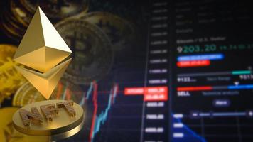 het gouden etherium-symbool op nft-munt voor 3D-rendering van cryptocurrency-concept foto