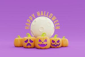 happy halloween met jack-o-lantern pompoenen karakter onder de maan op paarse achtergrond, 3D-rendering. foto
