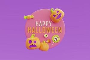 happy halloween met jack-o-lantern pompoenen karakter op paarse achtergrond, traditionele oktober vakantie, 3D-rendering. foto