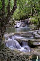 schoon groen smaragdgroen water van de waterval omringd door kleine bomen - grote bomen, groene kleur, erawan-waterval, kanchanaburi-provincie, thailand foto