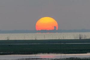 de grote zonsopgang is oranje. zonsopgang boven de zee en het mangrovebos foto