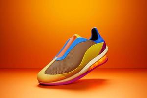 3d illustratie van een conceptenschoen voor metavers. oranje sportschoen sneaker op een hoog platform. foto