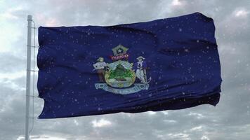 Maine winter vlag met sneeuwvlokken achtergrond. Verenigde Staten van Amerika. 3d illustratie foto