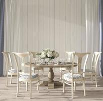kustontwerp trouwkamer interieur met eettafel. bespotten witte muur op mooie huisachtergrond. 3D-stijl van hampton render illustratie.