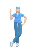 medisch karakter jonge blanke vrouwelijke arts wijsvinger omhoog. het concept van aandacht, gevaar, is belangrijk. cartoon persoon geïsoleerd op een witte achtergrond. 3D-rendering. foto
