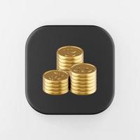 gouden gevouwen munten icoon in cartoon stijl. 3D-rendering zwarte vierkante knop, interface ui ux-element. foto
