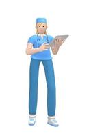 medische karakter jonge blanke vrouwelijke arts in een pak heeft een tablet, map. cartoon persoon geïsoleerd op een witte achtergrond. 3D-rendering. foto