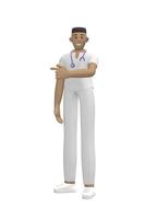 medisch karakter jonge afrikaanse man arts in een pak wijst met een vinger om ruimte te kopiëren. cartoon persoon geïsoleerd op een witte achtergrond. 3D-rendering. foto