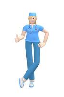 medisch karakter jonge witte vrouwelijke arts duim omhoog. concept zoals, goed, succes. cartoon persoon geïsoleerd op een witte achtergrond. 3D-rendering. foto