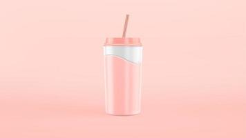 3D-rendering papieren beker roze aardbeienmilkshake, melk. slow motion golf splash. ambachtelijke, plastic beker met een rietje cartoon-stijl. foto