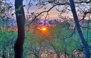 mooie en romantische zonsondergang aan een meer in gele en oranje kleuren foto