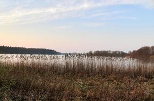 mooie en romantische zonsondergang aan een meer in gele en oranje kleuren foto