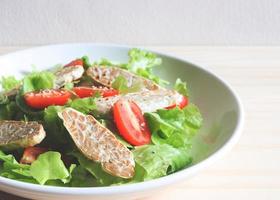 tempeh of tempe salade met tomaat en groene groente. foto