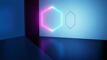 3D-rendering neon gloed in abstracte platte betonnen vloer kamer foto