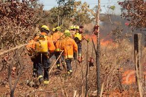 brasilia, brazilië, 26 juli 2022 brandweerlieden bezig met het blussen van een brand nabij het karriri-xoco en tuxa indianenreservaat in het noordwesten van brasilia foto