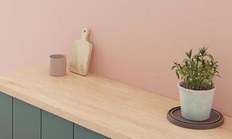 minimale teller mockup achtergrond met groene teller heldere houten top en roze muur. keukentafel foto
