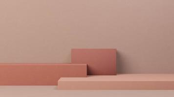 minimaal abstract podium voor productpresentatieachtergrond met rode, roze dozen en bruine muur. 3D render. foto