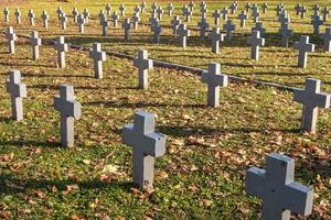 veel identieke grijze kruisen op de Poolse militaire begraafplaats. herfst en zonsondergang van het leven. strijd voor congregatie en onafhankelijkheid van het moederland foto