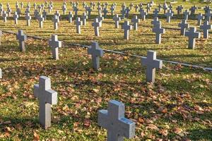 veel identieke grijze kruisen op de Poolse militaire begraafplaats. herfst en zonsondergang van het leven. strijd voor congregatie en onafhankelijkheid van het moederland foto