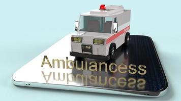 ambulance auto en tablet 3D-rendering voor toepassingen in de gezondheidszorg. foto