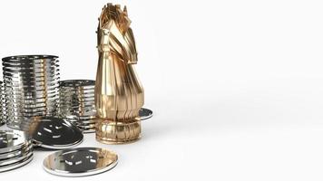 gouden ridder schaken en zilveren munten 3D-rendering op witte achtergrond voor zakelijke inhoud. foto