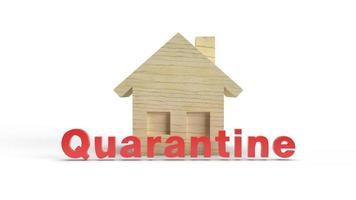 rode quarantaine en houten huis woord 3D-rendering op witte achtergrond voor uitbraken inhoud. foto