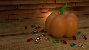 3D-rendering pompoen op houten tafel voor halloween inhoud. foto