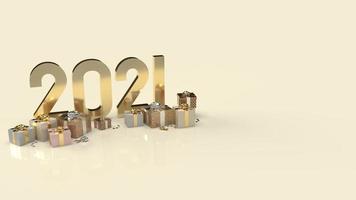 gouden 2021-tekst en geschenkdoos voor 3D-weergave van nieuwjaarsinhoud. foto