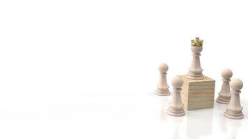 de houten schaken en gouden kroon op houten kubus voor zakelijke inhoud 3D-rendering. foto
