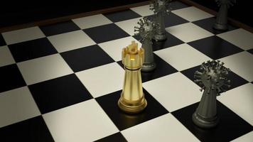het gouden schaken en virus op bordspellen 3D-rendering voor strategieconcept. foto