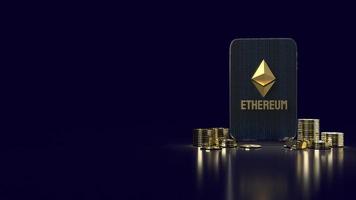 het ethereum-logo en de munten-fronttablet voor 3D-rendering van cryptocurrency-inhoud. foto