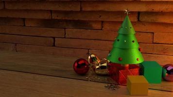 kerstboom op houten tafel 3D-rendering afbeelding voor de inhoud van de kerstviering. foto