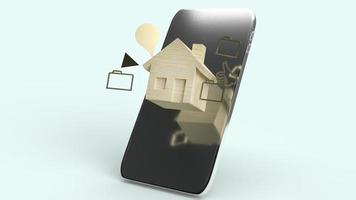 het huis houten speelgoed en smartphone 3D-rendering voor technologische inhoud. foto