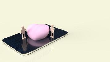 roze haard en hout man figuur staan op tablet voor digitale empathie inhoud 3D-rendering foto