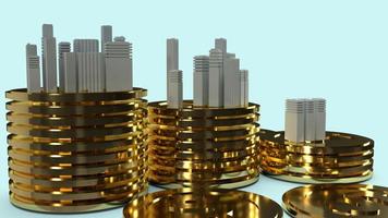 bouwmodel en gouden munten 3D-rendering voor eigendomsinhoud. foto
