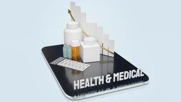 medicijn medische fles en grafiek op tablet voor toepassing gezondheidsinhoud 3D-rendering. foto