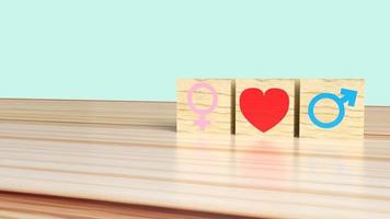 het geslacht op houten kubus met symbool om te houden van 3D-rendering voor valentijnsdag. foto