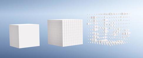 gegevensverzameling in kubieke clusters. futuristische digitale vierkante analyse met 3D-weergave voor het maken en uitbreiden van webinformatie. programmatische scheiding en accumulatie van code foto
